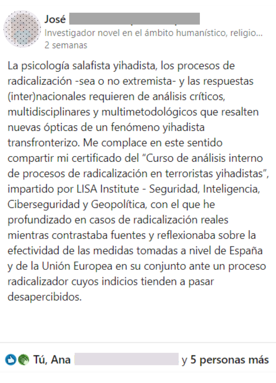 opinion alumno linkedin curso terrorismo